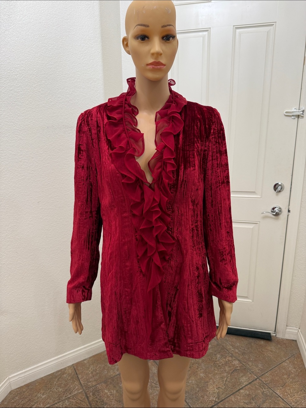 Focus 2000 Ruffle Front Velvet Jacket Deep Red Burgundy 10P VNeck Long Sleeve